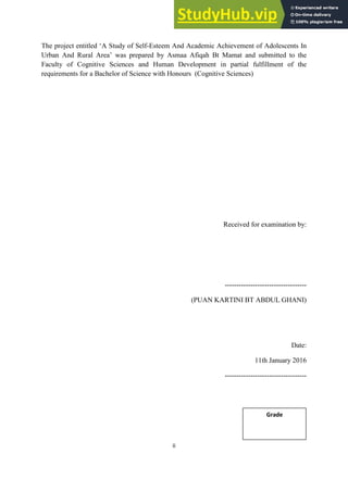 A STUDY OF SELF-ESTEEM AND ACADEMIC ACHIEVEMENT OF ADOLESCENTS IN URBAN ...