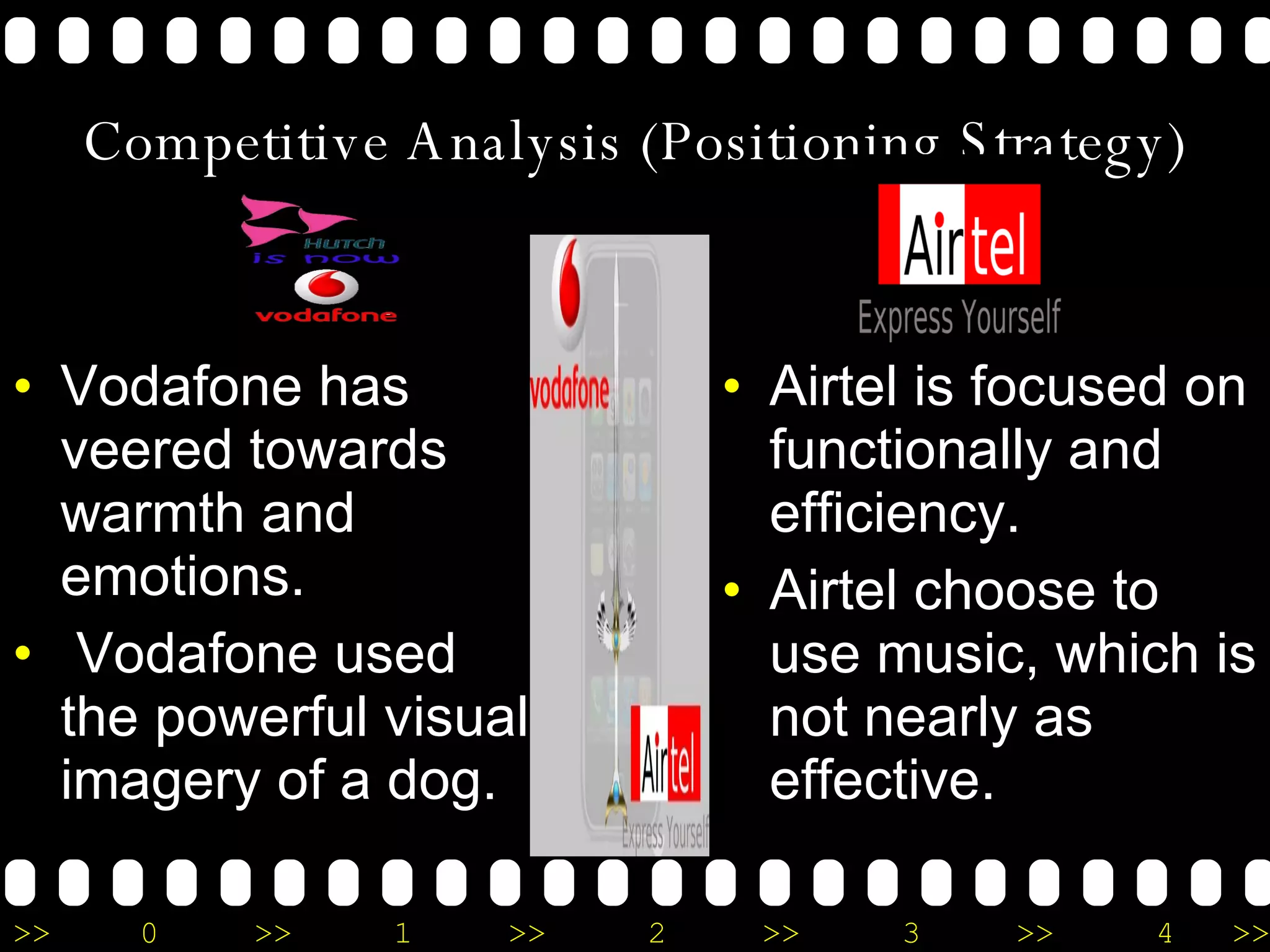 Competitive Analysis (Positioning Strategy) Vodafone has veered towards warmth and emotions. Vodafone used the powerful visual imagery of a dog. Airtel is focused on functionally and efficiency. Airtel choose to use music, which is not nearly as effective. 