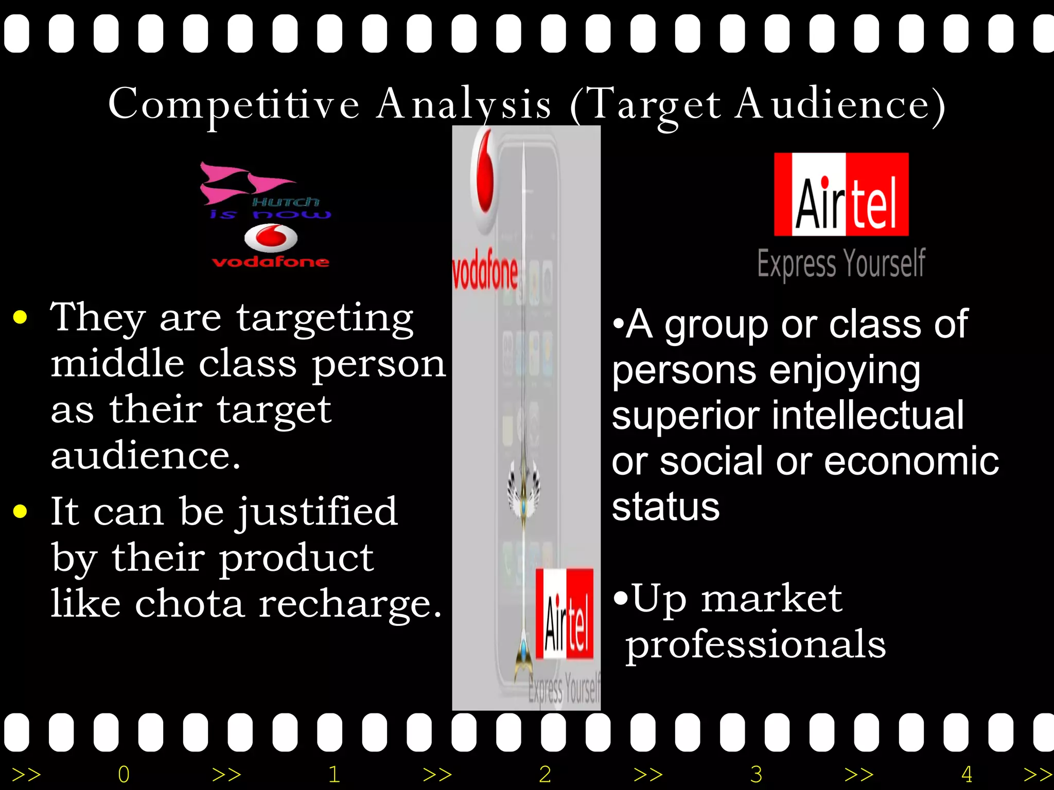Competitive Analysis (Target Audience) They are targeting middle class person as their target audience. It can be justified by their product like chota recharge. A group or class of persons enjoying superior intellectual or social or economic status Up market professionals 