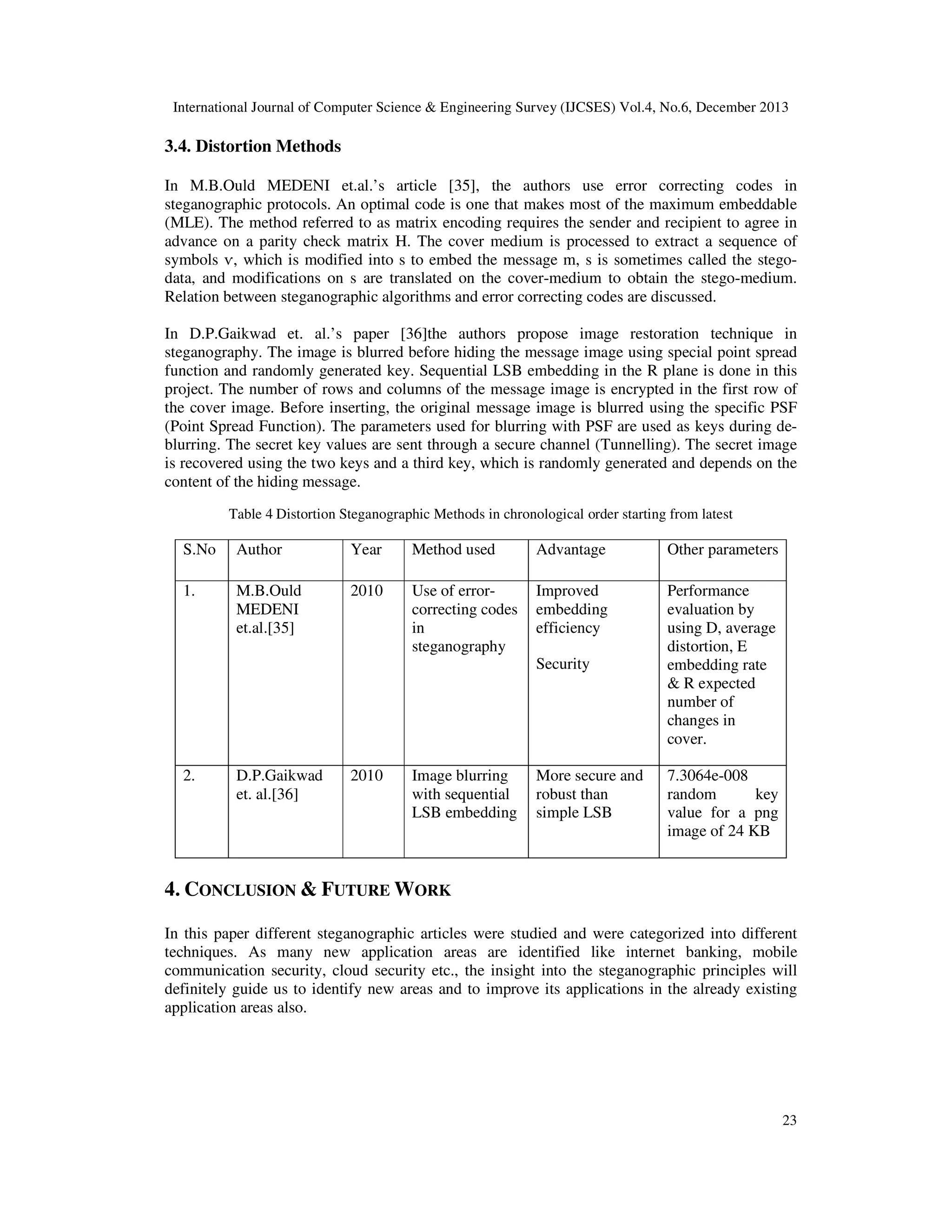 International Journal of Computer Science & Engineering Survey (IJCSES) Vol.4, No.6, December 2013

3.4. Distortion Methods
In M.B.Ould MEDENI et.al.’s article [35], the authors use error correcting codes in
steganographic protocols. An optimal code is one that makes most of the maximum embeddable
(MLE). The method referred to as matrix encoding requires the sender and recipient to agree in
advance on a parity check matrix H. The cover medium is processed to extract a sequence of
symbols ѵ, which is modified into s to embed the message m, s is sometimes called the stegodata, and modifications on s are translated on the cover-medium to obtain the stego-medium.
Relation between steganographic algorithms and error correcting codes are discussed.
In D.P.Gaikwad et. al.’s paper [36]the authors propose image restoration technique in
steganography. The image is blurred before hiding the message image using special point spread
function and randomly generated key. Sequential LSB embedding in the R plane is done in this
project. The number of rows and columns of the message image is encrypted in the first row of
the cover image. Before inserting, the original message image is blurred using the specific PSF
(Point Spread Function). The parameters used for blurring with PSF are used as keys during deblurring. The secret key values are sent through a secure channel (Tunnelling). The secret image
is recovered using the two keys and a third key, which is randomly generated and depends on the
content of the hiding message.
Table 4 Distortion Steganographic Methods in chronological order starting from latest

S.No

Author

Year

Method used

Advantage

Other parameters

1.

M.B.Ould
MEDENI
et.al.[35]

2010

Use of errorcorrecting codes
in
steganography

Improved
embedding
efficiency

Performance
evaluation by
using D, average
distortion, E
embedding rate
& R expected
number of
changes in
cover.

Security

2.

D.P.Gaikwad
et. al.[36]

2010

Image blurring
with sequential
LSB embedding

More secure and
robust than
simple LSB

7.3064e-008
random
key
value for a png
image of 24 KB

4. CONCLUSION & FUTURE WORK
In this paper different steganographic articles were studied and were categorized into different
techniques. As many new application areas are identified like internet banking, mobile
communication security, cloud security etc., the insight into the steganographic principles will
definitely guide us to identify new areas and to improve its applications in the already existing
application areas also.

23

 