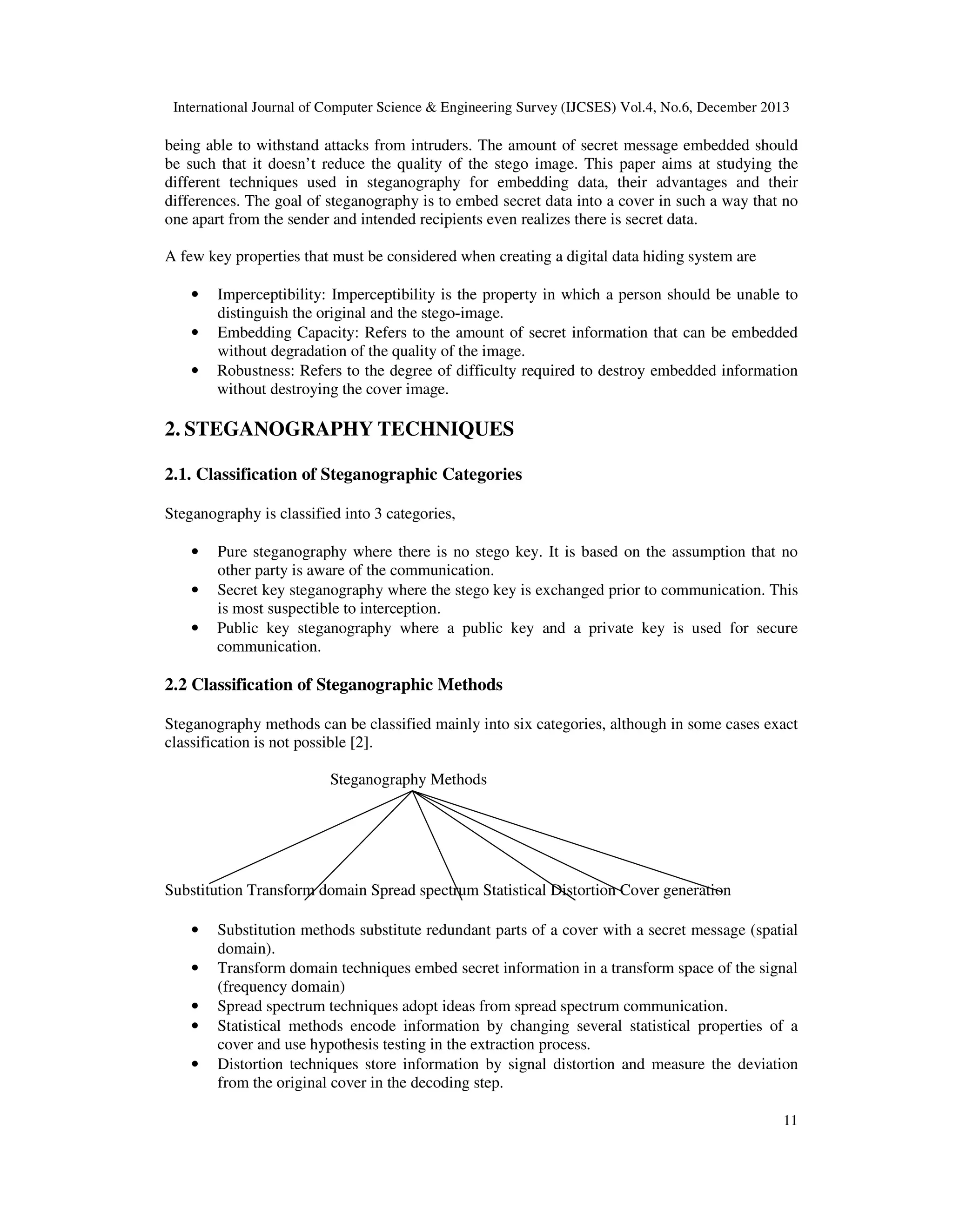 International Journal of Computer Science & Engineering Survey (IJCSES) Vol.4, No.6, December 2013

being able to withstand attacks from intruders. The amount of secret message embedded should
be such that it doesn’t reduce the quality of the stego image. This paper aims at studying the
different techniques used in steganography for embedding data, their advantages and their
differences. The goal of steganography is to embed secret data into a cover in such a way that no
one apart from the sender and intended recipients even realizes there is secret data.
A few key properties that must be considered when creating a digital data hiding system are
•
•
•

Imperceptibility: Imperceptibility is the property in which a person should be unable to
distinguish the original and the stego-image.
Embedding Capacity: Refers to the amount of secret information that can be embedded
without degradation of the quality of the image.
Robustness: Refers to the degree of difficulty required to destroy embedded information
without destroying the cover image.

2. STEGANOGRAPHY TECHNIQUES
2.1. Classification of Steganographic Categories
Steganography is classified into 3 categories,
•
•
•

Pure steganography where there is no stego key. It is based on the assumption that no
other party is aware of the communication.
Secret key steganography where the stego key is exchanged prior to communication. This
is most suspectible to interception.
Public key steganography where a public key and a private key is used for secure
communication.

2.2 Classification of Steganographic Methods
Steganography methods can be classified mainly into six categories, although in some cases exact
classification is not possible [2].
Steganography Methods

Substitution Transform domain Spread spectrum Statistical Distortion Cover generation
•
•
•
•
•

Substitution methods substitute redundant parts of a cover with a secret message (spatial
domain).
Transform domain techniques embed secret information in a transform space of the signal
(frequency domain)
Spread spectrum techniques adopt ideas from spread spectrum communication.
Statistical methods encode information by changing several statistical properties of a
cover and use hypothesis testing in the extraction process.
Distortion techniques store information by signal distortion and measure the deviation
from the original cover in the decoding step.
11

 