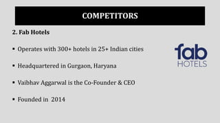 COMPETITORS
2. Fab Hotels
 Operates with 300+ hotels in 25+ Indian cities
 Headquartered in Gurgaon, Haryana
 Vaibhav Aggarwal is the Co-Founder & CEO
 Founded in 2014
 