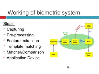 Working of biometric system
Steps:
 Capturing
 Pre-processing
 Feature extraction
 Template matching
 Matcher/Comparison
 Application Device
[3]

 
