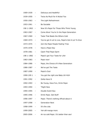 1909-1939 - Delicious and Healthful
1939-1950 - Twice As Much for A Nickel Too
1950-1963 - The Light Refreshment
1953-1961 - Be Sociable
196 1-1963 - Now It’s Pepsi For Those Who Think Young
1963-1967 - Come Alive! You’re In the Pepsi Generation
1967-1969 - Taste That Beats the Others Cold
1969-1973 - You’ve got A Lot to Live, Pepsi’s Got A Lot To Give
1973-1975 - Join the Pepsi People Feeling’ Free
1975-1978 - Have a Pepsi Day
1978-1981 - Catch That Pepsi Spirit
198 1-1982 - Pepsi’s got Your Taste for Life!
1983-1983 - Pepsi now!
1984-1986 - Pepsi, the Choice of A New Generation
1986-1987 - We’ve got The Taste
1987-1990 - Pepsi’s Cool
1990-199 1 - You got the right one Baby UH HUH
1991-1992 - Gotta Have It
1992-1993 - Be Young, Have Fun, Drink Pepsi
1993-1994 - “Right Now
1994-1995 - Double Dutch Bus
1995-1996 - Drink Pepsi. Get Stuff
1996-1997 - Pepsi: There’s nothing official about it
1997-1998 - Generation Next
1998-1999 - It’s the cola
1999-2005 - Yeh dill mange more
2005-2006 - An ice cold Pepsi. It’s better than sex!
 