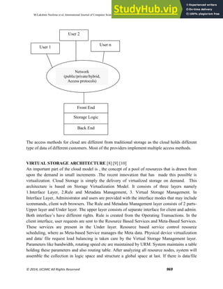 M.Lakshmi Neelima et al, International Journal of Computer Science and Mobile Computing, Vol.3 Issue.5, May- 2014, pg. 966-971
© 2014, IJCSMC All Rights Reserved 969
The access methods for cloud are different from traditional storage as the cloud holds different
type of data of different customers. Most of the providers implement multiple access methods.
VIRTUAL STORAGE ARCHITECTURE [8] [9] [10]
An important part of the cloud model is , the concept of a pool of resources that is drawn from
upon the demand in small increments .The recent innovation that has made this possible is
virtualization. Cloud Storage is simply the delivery of virtualized storage on demand. This
architecture is based on Storage Virtualization Model. It consists of three layers namely
1.Interface Layer, 2.Rule and Metadata Management, 3. Virtual Storage Management. In
Interface Layer, Administrator and users are provided with the interface modes that may include
icommands, client web browsers. The Rule and Metadata Management layer consists of 2 parts-
Upper layer and Under layer. The upper layer consists of separate interface for client and admin.
Both interface’s have different rights. Rule is created from the Operating Transactions. In the
client interface, user requests are sent to the Resource Based Services and Meta-Based Services.
These services are present in the Under layer. Resource based service control resource
scheduling, where as Meta-based Service manages the Meta data. Physical device virtualization
and data/ file request load balancing is taken care by the Virtual Storage Management layer.
Parameters like bandwidth, rotating speed etc are maintained by URM. System maintains a table
holding these parameters and also routing table. After analyzing all resource nodes, system will
assemble the collection in logic space and structure a global space at last. If there is data/file
Network
(public/private/hybrid,
Access protocols)
User 1
User n
User 2
Front End
Storage Logic
Back End
 