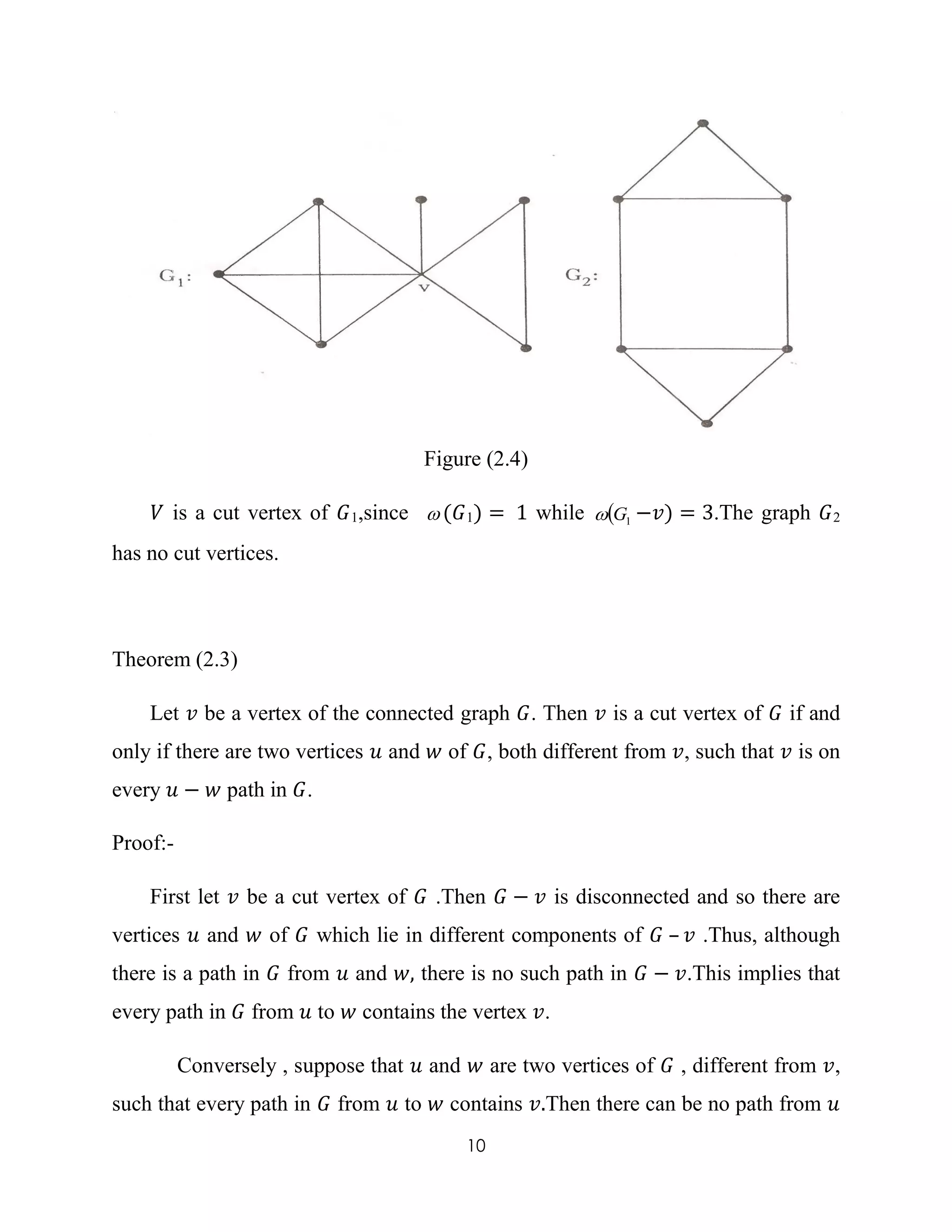 10
Figure (2.4)
𝑉 is a cut vertex of 𝐺1,since  (𝐺1) = 1 while  1G −𝑣) = 3.The graph 𝐺2
has no cut vertices.
Theorem (2.3)
Let 𝑣 be a vertex of the connected graph 𝐺. Then 𝑣 is a cut vertex of 𝐺 if and
only if there are two vertices 𝑢 and 𝑤 of 𝐺, both different from 𝑣, such that 𝑣 is on
every 𝑢 − 𝑤 path in 𝐺.
Proof:-
First let 𝑣 be a cut vertex of 𝐺 .Then 𝐺 − 𝑣 is disconnected and so there are
vertices 𝑢 and 𝑤 of 𝐺 which lie in different components of 𝐺 – 𝑣 .Thus, although
there is a path in 𝐺 from 𝑢 and 𝑤, there is no such path in 𝐺 − 𝑣.This implies that
every path in 𝐺 from 𝑢 to 𝑤 contains the vertex 𝑣.
Conversely , suppose that 𝑢 and 𝑤 are two vertices of 𝐺 , different from 𝑣,
such that every path in 𝐺 from 𝑢 to 𝑤 contains 𝑣.Then there can be no path from 𝑢
 