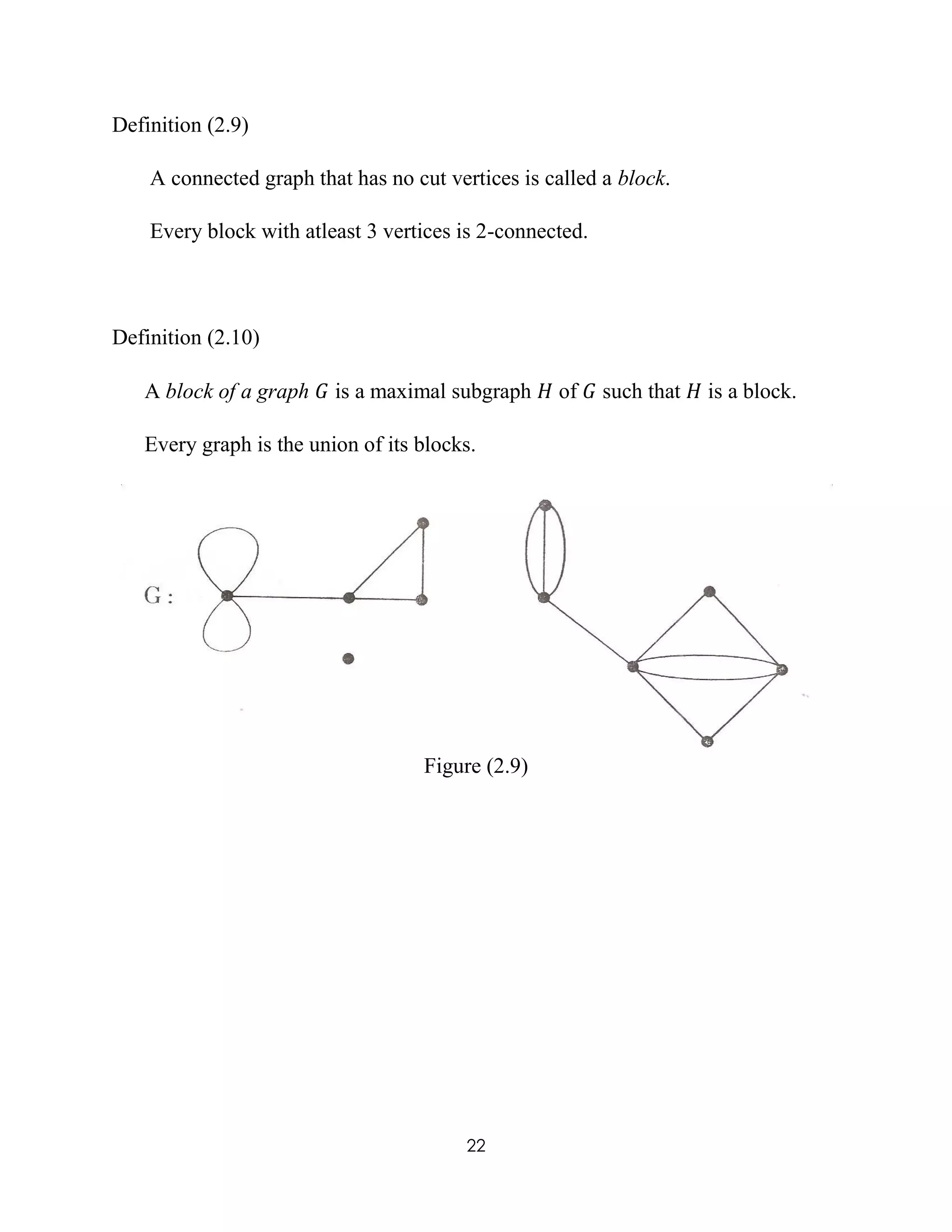 22
Definition (2.9)
A connected graph that has no cut vertices is called a block.
Every block with atleast 3 vertices is 2-connected.
Definition (2.10)
A block of a graph 𝐺 is a maximal subgraph 𝐻 of 𝐺 such that 𝐻 is a block.
Every graph is the union of its blocks.
Figure (2.9)
 