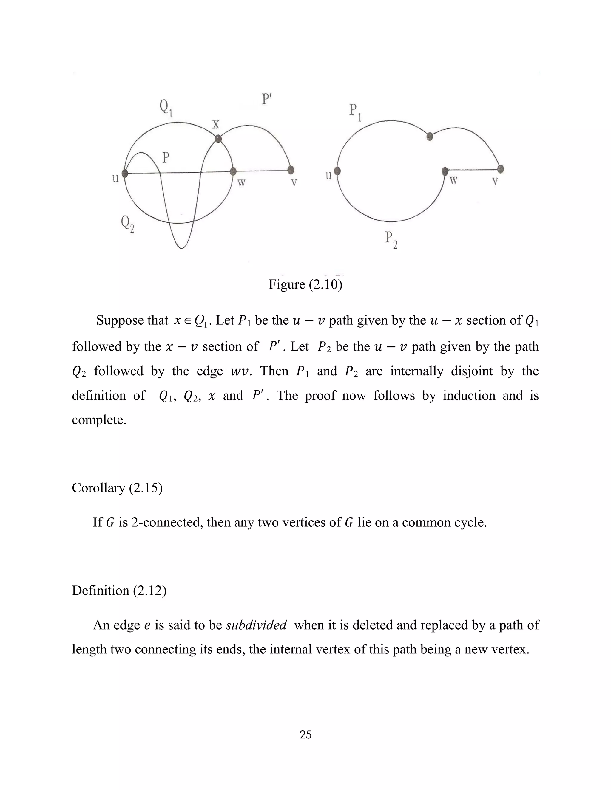 25
Figure (2.10)
Suppose that 1Qx . Let 𝑃1 be the 𝑢 − 𝑣 path given by the 𝑢 − 𝑥 section of 𝑄1
followed by the 𝑥 − 𝑣 section of P . Let 𝑃2 be the 𝑢 − 𝑣 path given by the path
𝑄2 followed by the edge 𝑤𝑣. Then 𝑃1 and 𝑃2 are internally disjoint by the
definition of 𝑄1, 𝑄2, 𝑥 and P . The proof now follows by induction and is
complete.
Corollary (2.15)
If 𝐺 is 2-connected, then any two vertices of 𝐺 lie on a common cycle.
Definition (2.12)
An edge 𝑒 is said to be subdivided when it is deleted and replaced by a path of
length two connecting its ends, the internal vertex of this path being a new vertex.
 