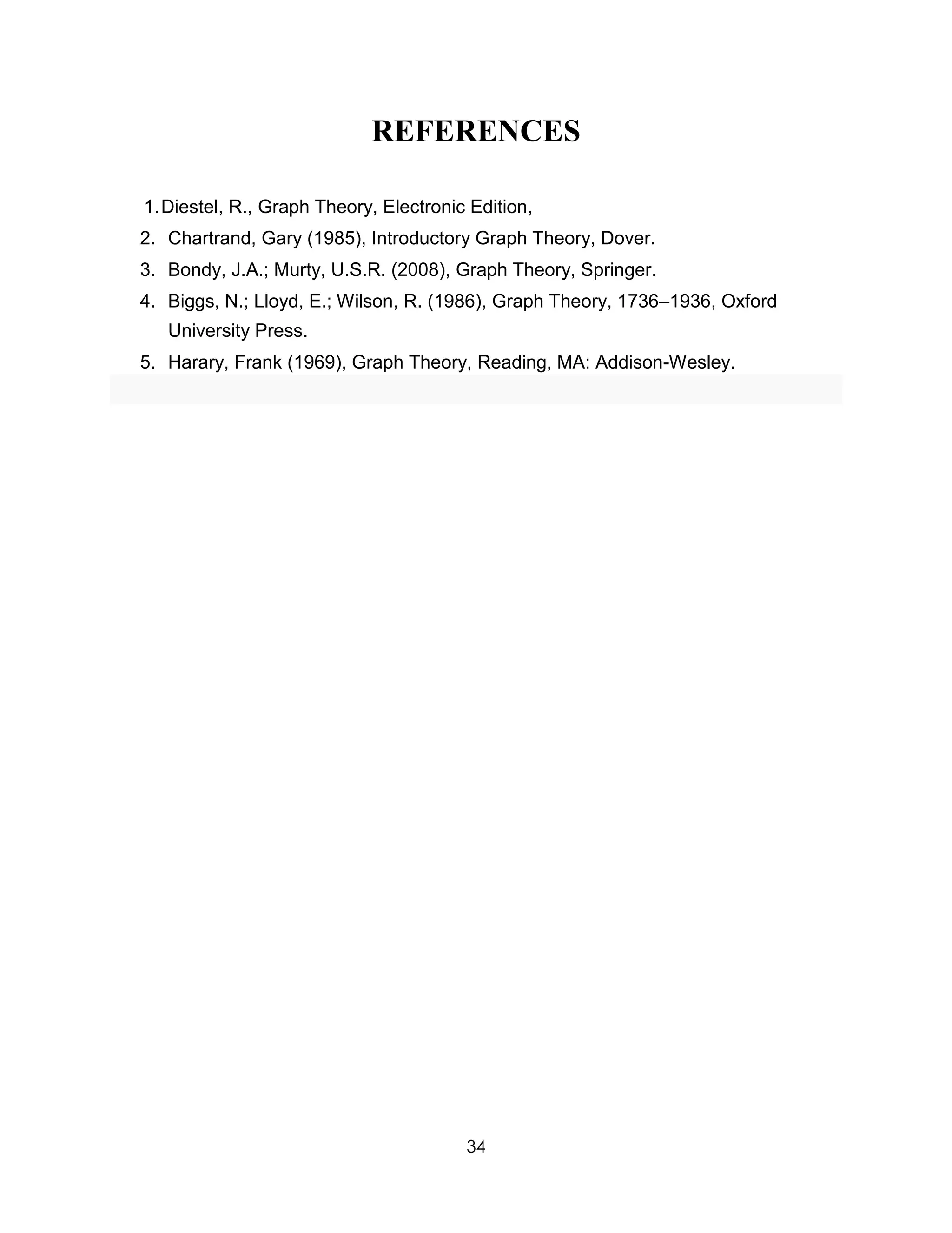 34
REFERENCES
1.Diestel, R., Graph Theory, Electronic Edition,
2. Chartrand, Gary (1985), Introductory Graph Theory, Dover.
3. Bondy, J.A.; Murty, U.S.R. (2008), Graph Theory, Springer.
4. Biggs, N.; Lloyd, E.; Wilson, R. (1986), Graph Theory, 1736–1936, Oxford
University Press.
5. Harary, Frank (1969), Graph Theory, Reading, MA: Addison-Wesley.
 