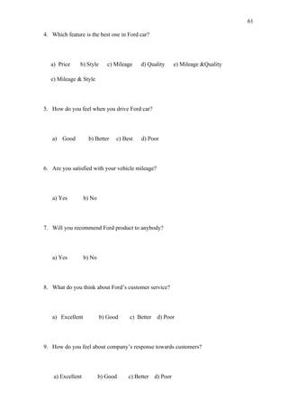 61

4. Which feature is the best one in Ford car?




   a) Price    b) Style       c) Mileage   d) Quality       e) Mileage &Quality

   e) Mileage & Style




5. How do you feel when you drive Ford car?




   a) Good          b) Better    c) Best   d) Poor




6. Are you satisfied with your vehicle mileage?




   a) Yes          b) No




7. Will you recommend Ford product to anybody?




   a) Yes          b) No




8. What do you think about Ford’s customer service?




   a) Excellent            b) Good    c) Better    d) Poor




9. How do you feel about company’s response towards customers?




    a) Excellent           b) Good    c) Better   d) Poor
 