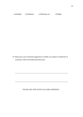 63



 a) Probably      b) Definitely       c) Definitely not        d) Might




16. Please give your comments/suggestions to enable us to improve satisfaction of
   customers at this Ford authorized showroom.




   _______________________________________________________________




   _______________________________________________________________




               THANK YOU FOR YOUR VALUABLE OPINIONS
 
