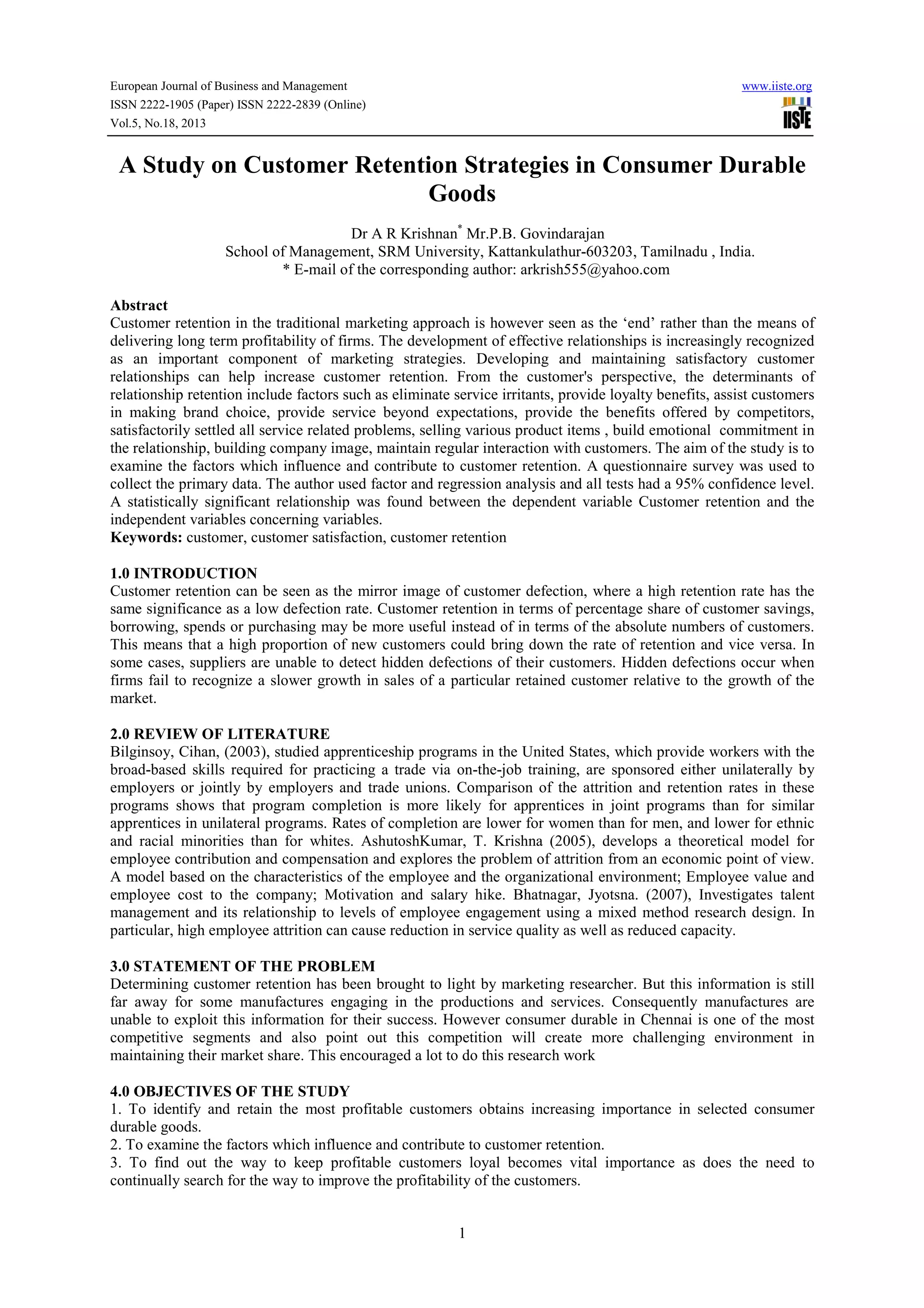 A study on customer retention strategies in consumer durable goods | PDF