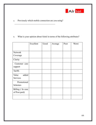 a.  Previously which mobile connection are you using?
 _____________________________________




b.   What is your opinion about Airtel in terms of the following attributes?


                    Excellent    Good       Average      Poor        Worst


Network
Coverage
Clarity
 Customer care
support
Tariffs
Value    added
Services
    Promotional
Schemes
Billing ( In case
of Post paid)




                                                                               105
 