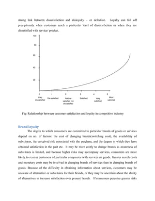 strong link between dissatisfaction and disloyalty – or defection.

Loyalty can fall off

precipitously when customers reach a particular level of dissatisfaction or when they are
dissatisfied with service/ product.
100

80

60

40

20

0
Very
dissatisfied

1
Dis-satisfied

2
Neither
satisfied nor
dissatisfied

3
Satisfied

4
Very
satisfied

5
Most
satisfied

Fig: Relationship between customer satisfaction and loyalty in competitive industry

Brand loyalty
The degree to which consumers are committed to particular brands of goods or services
depend on no. of factors: the cost of changing brands(switching cost), the availability of
substitutes, the perceived risk associated with the purchase, and the degree to which they have
obtained satisfaction in the past etc. It may be more costly to change brands as awareness of
substitutes is limited, and because higher risks may accompany services, consumers are more
likely to remain customers of particular companies with services or goods. Greater search costs
and monetary costs may be involved in changing brands of services than in changing brands of
goods. Because of the difficulty in obtaining information about services, customers may be
unaware of alternative or substitutes for their brands, or they may be uncertain about the ability
of alternatives to increase satisfaction over present brands. If consumers perceive greater risks

 