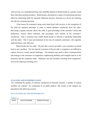 with services, as is hypothesized here, they probably depend on brand loyalty to a greater extent
than when they purchase products. Brand loyalty, described as a means of economizing decision
effort by substituting habit for repeated, deliberate decision, functions as a device for reducing
the risks for consumer decisions.
Final reason for consumers being more brand loyal with services, is the recognition of
the need for repeated patronage in order to obtain optimum satisfaction from the seller.
Becoming a regular customer allows the seller to gain knowledge of the customer‘s tastes and
preferences, ensures better treatment, and encourages more interest in the consumer‘s
satisfaction. Thus a consumer may exhibit brand loyalty to cultivate a satisfying relationship
with the seller. This is more pre-dominant in the case of corporate consumers, who regularly
make purchases, year after year.
Brand loyalty has two sides. The fact that a service provider‘s own customers are brand
loyal is not a problem. The fact that the customers of the provider‘s competitors are difficult to
capture, however, creates special challenges. The marketer may need to direct communications
and strategy to the customers of competitors, emphasizing attributes and strengths that he or she
possesses and the competitor lacks. Marketers can also facilitate switching from competitors‘
services by reducing switching costs.

ANALYSIS AND INTERPRETATION
For evaluating the quality of customer satisfaction of Fastrack watches, a number of critical
variables are selected for conducting an in depth analysis. The results of the analysis are
presented in the following sections.
OCCUPATION OF THE RESPONDENTS
TABLE 1.1

S.NO

OCCUPATION

PERCENTAGE

 