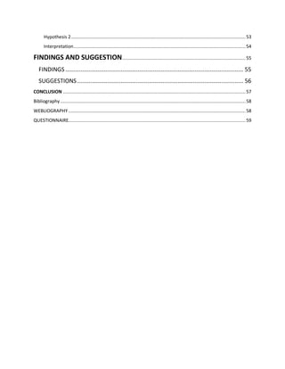 Hypothesis 2 .................................................................................................................................. 53
Interpretation ................................................................................................................................ 54

FINDINGS AND SUGGESTION............................................................................................ 55
FINDINGS .......................................................................................................... 55
SUGGESTIONS ................................................................................................... 56
CONCLUSION ........................................................................................................................................ 57
Bibliography .......................................................................................................................................... 58
WEBLIOGRAPHY .................................................................................................................................... 58
QUESTIONNAIRE.................................................................................................................................... 59

 