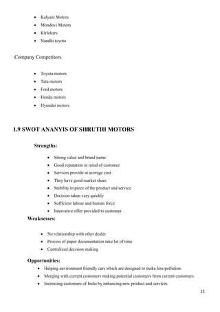 12
 Kalyani Motors
 Mondovi Motors
 Kirlokars
 Nandhi toyoto
Company Competitors
 Toyota motors
 Tata motors
 Ford motors
 Honda motors
 Hyundai motors
1.9 SWOT ANANYIS OF SHRUTHI MOTORS
Strengths:
 Strong value and brand name
 Good reputation in mind of customer
 Services provide at average cost
 They have good market share
 Stability in piece of the product and service
 Decision taken very quickly
 Sufficient labour and human force
 Innovative offer provided to customer
Weaknesses:
 No relationship with other dealer
 Process of paper documentation take lot of time
 Centralized decision making
Opportunities:
 Helping environment friendly cars which are designed to make less pollution.
 Merging with current customers making potential customers from current customers.
 Increasing customers of India by enhancing new product and services
 