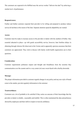 17
The customers are expected to be fulfilled once the service worker ”delivers the deal” by achieving a
similar level of performance.
Responsiveness:
Further and further customer expected their provider to be willing and prepared to produce induce
service & facilitate at the reason of the later. Separate attention speed & adaptability are wanted.
Access:
Customer must be ready to increase access to the provider or dealer with the smallest of bother. they
essential educated to place-- up with goods accessibility service, however, hate limitless delays in
obtaining through whereas life observant to the 4 terms and to apparently specious assurance that their
customers are appreciated. They wish to discuss with family world health organization can to their
questions.
Consideration:
Customer requirements politeness respect and thought and friendliness from the societies they
communication over the counter and in a very center (or) once sweet-faced with a facility downside.
Message:
The proper information provided to customer regards changes in any policy and any new style of brand
come to the market, provide regularly information to the customer
Trustworthiness:
Customers are a lot of probable to be satisfied if they notice an outcome of their knowledge that the
provider or dealer is reliable , reasonable and truthful. This is often maintained the data and politeness
showed by employees and their skills to inspire to trust & confidence.
 