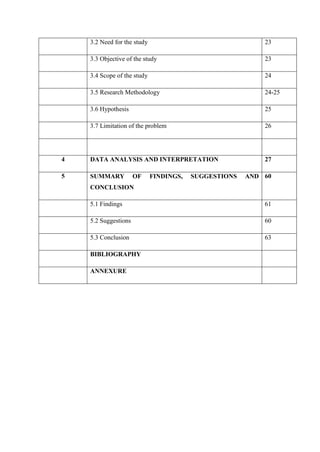 3.2 Need for the study 23
3.3 Objective of the study 23
3.4 Scope of the study 24
3.5 Research Methodology 24-25
3.6 Hypothesis 25
3.7 Limitation of the problem 26
4 DATA ANALYSIS AND INTERPRETATION 27
5 SUMMARY OF FINDINGS, SUGGESTIONS AND
CONCLUSION
60
5.1 Findings 61
5.2 Suggestions 60
5.3 Conclusion 63
BIBLIOGRAPHY
ANNEXURE
 