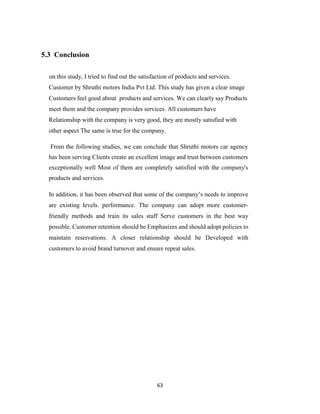 63
5.3 Conclusion
on this study, I tried to find out the satisfaction of products and services.
Customer by Shruthi motors India Pvt Ltd. This study has given a clear image
Customers feel good about products and services. We can clearly say Products
meet them and the company provides services. All customers have
Relationship with the company is very good, they are mostly satisfied with
other aspect The same is true for the company.
From the following studies, we can conclude that Shruthi motors car agency
has been serving Clients create an excellent image and trust between customers
exceptionally well Most of them are completely satisfied with the company's
products and services.
In addition, it has been observed that some of the company’s needs to improve
are existing levels. performance. The company can adopt more customer-
friendly methods and train its sales staff Serve customers in the best way
possible. Customer retention should be Emphasizes and should adopt policies to
maintain reservations. A closer relationship should be Developed with
customers to avoid brand turnover and ensure repeat sales.
 