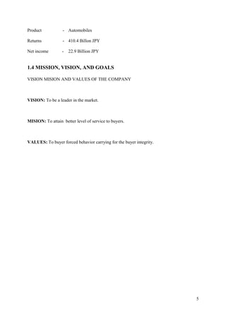5
Product - Automobiles
Returns - 410.4 Billon JPY
Net income - 22.9 Billion JPY
1.4 MISSION, VISION, AND GOALS
VISION MISION AND VALUES OF THE COMPANY
VISION: To be a leader in the market.
MISION: To attain better level of service to buyers.
VALUES: To buyer forced behavior carrying for the buyer integrity.
 