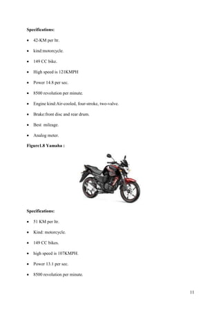 11
Specifications:
• 42-KM per ltr.
• kind:motorcycle.
• 149 CC bike.
• High speed is 121KMPH
• Power 14.8 per sec.
• 8500 revolution per minute.
• Engine kind:Air-cooled, four-stroke, two-valve.
• Brake:front disc and rear drum.
• Best mileage.
• Analog meter.
Figure1.8 Yamaha :
Specifications:
• 51 KM per ltr.
• Kind: motorcycle.
• 149 CC bikes.
• high speed is 107KMPH.
• Power 13.1 per sec.
• 8500 revolution per minute.
 