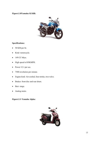 13
Figure1.10Yamaha SZ-RR:
Specifications:
• 50 KM per ltr.
• Kind: motorcycle.
• 149 CC bikes.
• High speed is105KMPH.
• Power 12.1 per sec.
• 7500 revolution per minute.
• Engine kind: Air-cooled, four-stroke, two-valve.
• Brakes: front disc and rear drum.
• Best range.
• Analog meter.
Figure1.11 Yamaha Alpha:
 