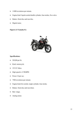 15
• 11000 revolution per minute.
• Engine kind: liquid-cooled double cylinder, four-stroke, five-valve.
• Brakes :front disc and rear disc.
• Digital meter.
Figure1.13 Yamaha Fz:
Specifications:
• 50 KM per ltr.
• Kind: motorcycle
• 153 CC bikes.
• High speed is 117KMPH
• Power 14 per sec.
• 7500 revolution per minute.
• Engine kind:Air-cooled, single cylinder, four-stroke.
• Brakes: front disc and rear drum.
• Best range.
• Analog meter.
 