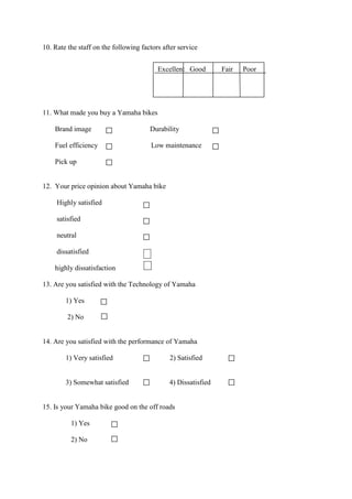 10. Rate the staff on the following factors after service
11. What made you buy a Yamaha bikes
Brand image Durability
Fuel efficiency Low maintenance
Pick up
12. Your price opinion about Yamaha bike
Highly satisfied
satisfied
neutral
dissatisfied
highly dissatisfaction
13. Are you satisfied with the Technology of Yamaha
1) Yes
2) No
14. Are you satisfied with the performance of Yamaha
1) Very satisfied 2) Satisfied
3) Somewhat satisfied 4) Dissatisfied
15. Is your Yamaha bike good on the off roads
1) Yes
2) No
Excellent Good Fair Poor
 