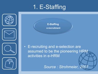 1. E-StaffingE-recruiting and e-selection are assumed to be the pioneering HRM activities in e-HRM 			Source : Strohmeier, 2007E-Staffinge-recruitment