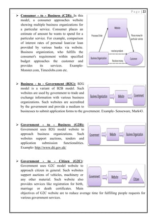 P a g e | 22
➢ Consumer - to - Business (C2B): In this
model, a consumer approaches website
showing multiple business organizations for
a particular service. Consumer places an
estimate of amount he wants to spend for a
particular service. For example, comparison
of interest rates of personal loan/car loan
provided by various banks via website.
Business organization, who fulfills the
consumer's requirement within specified
budget approaches the customer and
provides its services. Example-
Monster.com, TimesJobs.com etc.
➢ Business - to - Government (B2G): B2G
model is a variant of B2B model. Such
websites are used by government to trade and
exchange information with various business
organizations. Such websites are accredited
by the government and provide a medium to
businesses to submit application forms to the government. Example- Senseware, Mark43.
➢ Government - to - Business (G2B):
Government uses B2G model website to
approach business organizations. Such
websites support auctions, tenders and
application submission functionalities.
Example- http://www.dti.gov.uk/
➢ Government - to - Citizen (G2C):
Government uses G2C model website to
approach citizen in general. Such websites
support auctions of vehicles, machinery or
any other material. Such website also
provides services like registration for birth,
marriage or death certificates. Main
objectives of G2C website are to reduce average time for fulfilling people requests for
various government services.
 