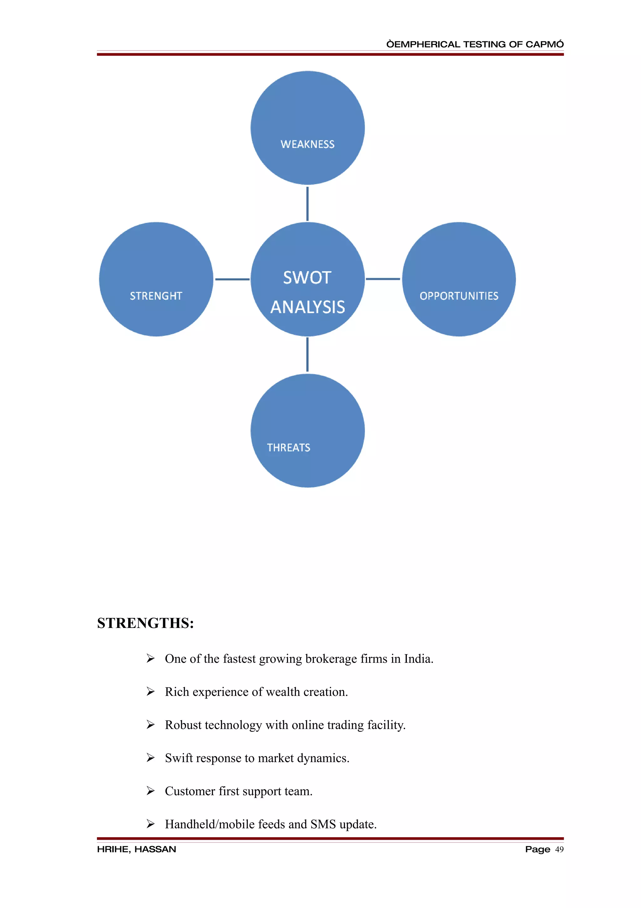 “EMPHERICAL TESTING OF CAPM”




STRENGTHS:

        One of the fastest growing brokerage firms in India.

        Rich experience of wealth creation.

        Robust technology with online trading facility.

        Swift response to market dynamics.

        Customer first support team.

        Handheld/mobile feeds and SMS update.
HRIHE, HASSAN                                                            Page 49
 