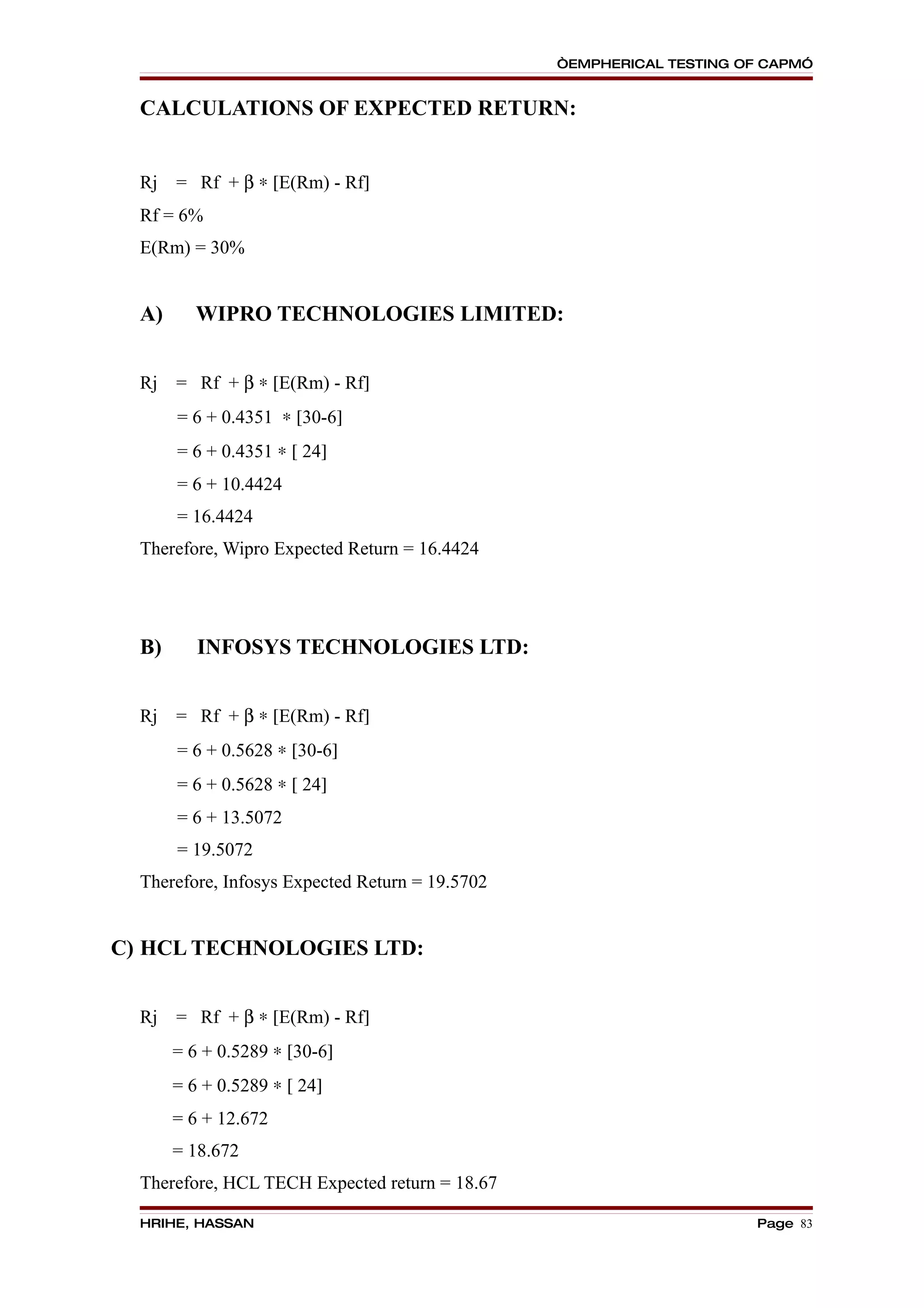 “EMPHERICAL TESTING OF CAPM”


  CALCULATIONS OF EXPECTED RETURN:


  Rj   = Rf + β ∗ [E(Rm) - Rf]
  Rf = 6%
  E(Rm) = 30%


  A)      WIPRO TECHNOLOGIES LIMITED:


  Rj   = Rf + β ∗ [E(Rm) - Rf]
       = 6 + 0.4351 ∗ [30-6]
       = 6 + 0.4351 ∗ [ 24]
       = 6 + 10.4424
       = 16.4424
  Therefore, Wipro Expected Return = 16.4424




  B)      INFOSYS TECHNOLOGIES LTD:


  Rj   = Rf + β ∗ [E(Rm) - Rf]
       = 6 + 0.5628 ∗ [30-6]
       = 6 + 0.5628 ∗ [ 24]
       = 6 + 13.5072
       = 19.5072
  Therefore, Infosys Expected Return = 19.5702


C) HCL TECHNOLOGIES LTD:


  Rj   = Rf + β ∗ [E(Rm) - Rf]
       = 6 + 0.5289 ∗ [30-6]
       = 6 + 0.5289 ∗ [ 24]
       = 6 + 12.672
       = 18.672
  Therefore, HCL TECH Expected return = 18.67

  HRIHE, HASSAN                                                       Page 83
 