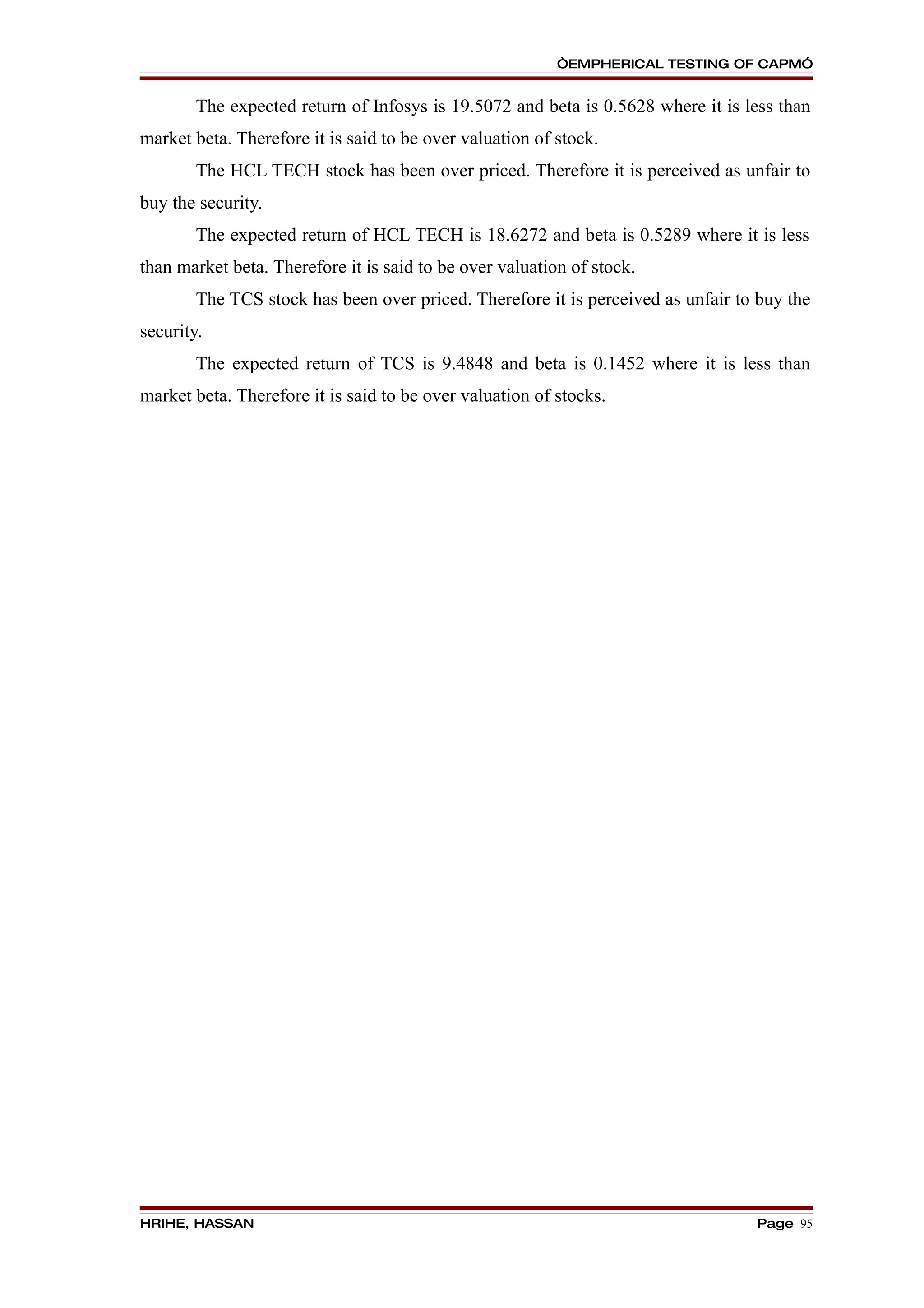 “EMPHERICAL TESTING OF CAPM”


        The expected return of Infosys is 19.5072 and beta is 0.5628 where it is less than
market beta. Therefore it is said to be over valuation of stock.
        The HCL TECH stock has been over priced. Therefore it is perceived as unfair to
buy the security.
        The expected return of HCL TECH is 18.6272 and beta is 0.5289 where it is less
than market beta. Therefore it is said to be over valuation of stock.
        The TCS stock has been over priced. Therefore it is perceived as unfair to buy the
security.
        The expected return of TCS is 9.4848 and beta is 0.1452 where it is less than
market beta. Therefore it is said to be over valuation of stocks.




HRIHE, HASSAN                                                                     Page 95
 
