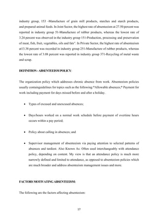 17
industry group, 153 -Manufacture of grain mill products, starches and starch products,
and prepared animal feeds. In Joint Sector, the highest rate of absenteeism at 27.50 percent was
reported in industry group 51-Manufacture of rubber products, whereas the lowest rate of
3.24 percent was observed in the industry group 151-Production, processing and preservation
of meat, fish, fruit, vegetables, oils and fats‟. In Private Sector, the highest rate of absenteeism
at13.38 percent was recorded in industry group 251-Manufacture of rubber products, whereas
the lowest rate of 3.08 percent was reported in industry group 371-Recycling of metal waste
and scrap.
DEFINITION-ABSENTEEISMPOLICY:
The organization policy which addresses chronic absence from work. Absenteeism policies
usually containguidelines for topics such as the following:*Allowable absences;* Payment for
work including payment for days missed before and after a holiday.
• Types of excused and unexcused absences;
• Days/hours worked on a normal work schedule before payment of overtime hours
occurs within a pay period;
• Policy about calling in absences; and
• Supervisor management of absenteeism via paying attention to selected patterns of
absences and tardiest. Also Known As: Often used interchangeably with attendance
policy, depending on content. My view is that an attendance policy is much more
narrowly defined and limited to attendance, as opposed to absenteeism policies which
are much broader and address absenteeism management issues and more.
FACTORSMOTIVATINGABSENTEEISM:
The following are the factors affecting absenteeism:
 