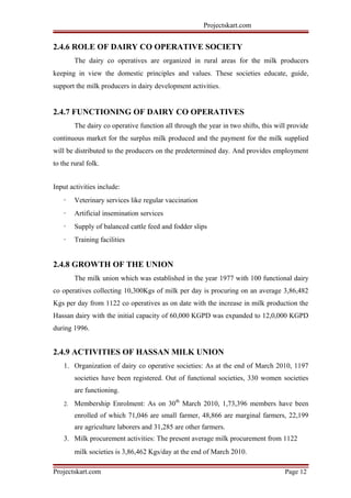Projectskart.com
2.4.6 ROLE OF DAIRY CO OPERATIVE SOCIETY
The dairy co operatives are organized in rural areas for the milk producers
keeping in view the domestic principles and values. These societies educate, guide,
support the milk producers in dairy development activities.
2.4.7 FUNCTIONING OF DAIRY CO OPERATIVES
The dairy co operative function all through the year in two shifts, this will provide
continuous market for the surplus milk produced and the payment for the milk supplied
will be distributed to the producers on the predetermined day. And provides employment
to the rural folk.
Input activities include:
· Veterinary services like regular vaccination
· Artificial insemination services
· Supply of balanced cattle feed and fodder slips
· Training facilities
2.4.8 GROWTH OF THE UNION
The milk union which was established in the year 1977 with 100 functional dairy
co operatives collecting 10,300Kgs of milk per day is procuring on an average 3,86,482
Kgs per day from 1122 co operatives as on date with the increase in milk production the
Hassan dairy with the initial capacity of 60,000 KGPD was expanded to 12,0,000 KGPD
during 1996.
2.4.9 ACTIVITIES OF HASSAN MILK UNION
1. Organization of dairy co operative societies: As at the end of March 2010, 1197
societies have been registered. Out of functional societies, 330 women societies
are functioning.
2. Membership Enrolment: As on 30th
March 2010, 1,73,396 members have been
enrolled of which 71,046 are small farmer, 48,866 are marginal farmers, 22,199
are agriculture laborers and 31,285 are other farmers.
3. Milk procurement activities: The present average milk procurement from 1122
milk societies is 3,86,462 Kgs/day at the end of March 2010.
Projectskart.com Page 12
 