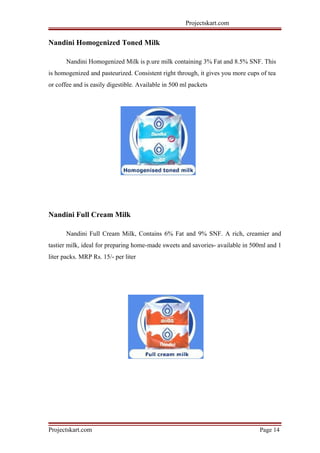 Projectskart.com
Nandini Homogenized Toned Milk
Nandini Homogenized Milk is p.ure milk containing 3% Fat and 8.5% SNF. This
is homogenized and pasteurized. Consistent right through, it gives you more cups of tea
or coffee and is easily digestible. Available in 500 ml packets
Nandini Full Cream Milk
Nandini Full Cream Milk, Contains 6% Fat and 9% SNF. A rich, creamier and
tastier milk, ideal for preparing home-made sweets and savories- available in 500ml and 1
liter packs. MRP Rs. 15/- per liter
Projectskart.com Page 14
 