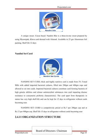 Projectskart.com
A unique sweet. Cocoa based. Nandini Bite is a three-in-one sweet prepared by
using Mysorepak, Khova and dremed with Almond. Available in 25 gm Aluminium foil
packing. Shelf life 12 days
Nandini Set Curd
NANDINI SET CURD, thick and highly nutritive curd is made from 3% Toned
Milk with added imported bacterial cultures, filled into 200gm and 400gm cups and
allowed to set into curds. Imported bacterial cultures constitute curd forming bacteria of
high genetic abilities and release antimicrobial substances into curd imparting disease
resistance to consumers( probiotic characteristic). The curd apart from therapeutic in
nature has very high shelf-life and can be kept for 15 days in refrigerator without curds
becoming sour.
NANDINI SET CURD is competitively priced at Rs.7 per 200gm cup and at
Rs.13 per 400gm cup. Shelf life 15 days in refrigerator without curds becoming sour
2.4.11 ORGANIZATION STRUCTURE
Projectskart.com
Board of Directors- Chairman
Page 24
 