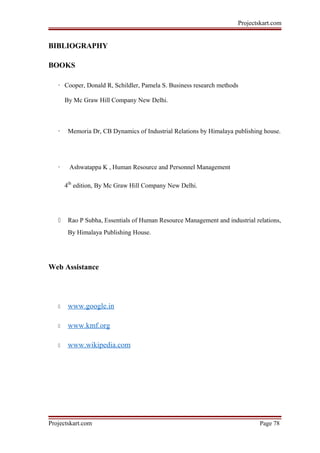 Projectskart.com
BIBLIOGRAPHY
BOOKS
· Cooper, Donald R, Schildler, Pamela S. Business research methods
By Mc Graw Hill Company New Delhi.
· Memoria Dr, CB Dynamics of Industrial Relations by Himalaya publishing house.
· Ashwatappa K , Human Resource and Personnel Management
4th
edition, By Mc Graw Hill Company New Delhi.
 Rao P Subha, Essentials of Human Resource Management and industrial relations,
By Himalaya Publishing House.
Web Assistance
 www.google.in
 www.kmf.org
 www.wikipedia.com
Projectskart.com Page 78
 