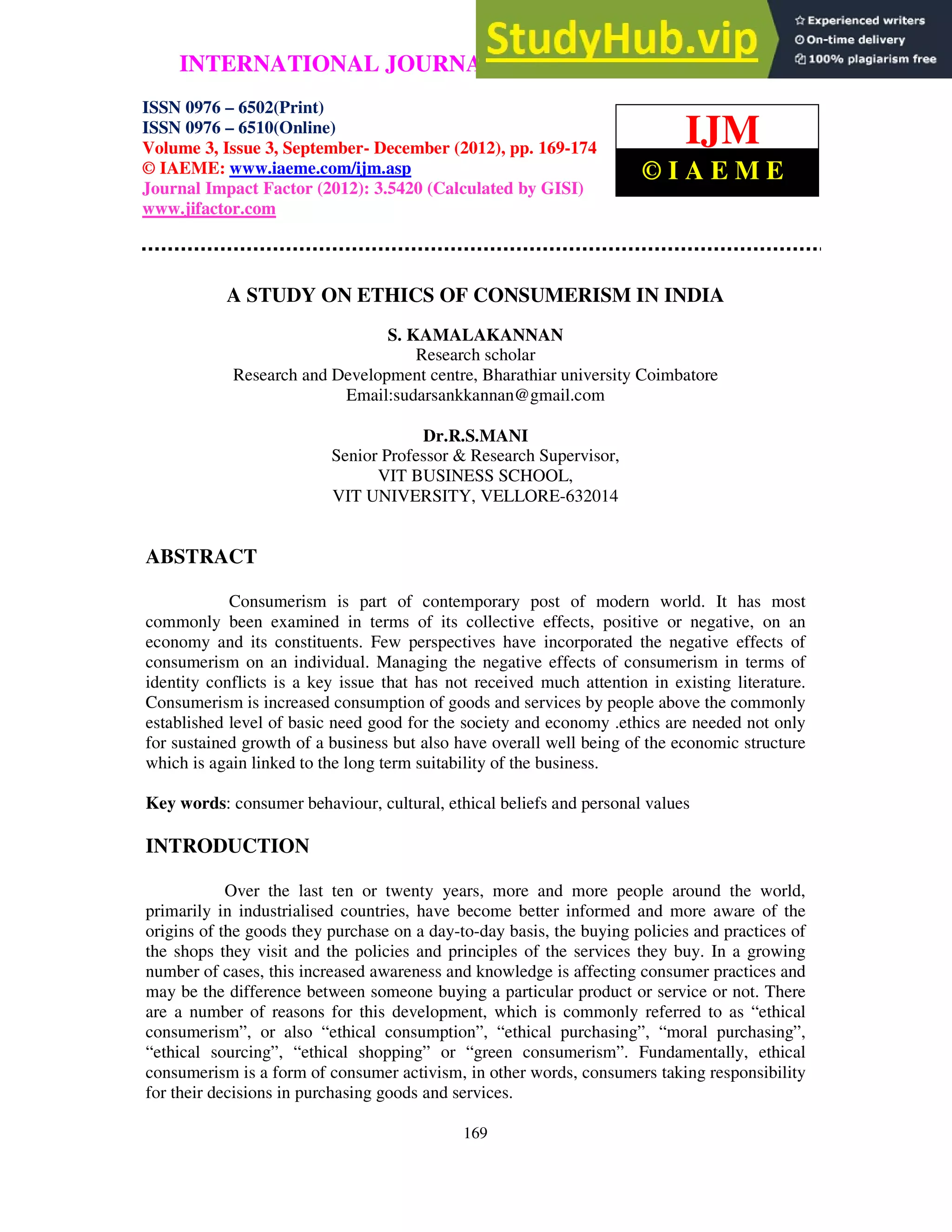 A STUDY ON ETHICS OF CONSUMERISM IN INDIA | PDF