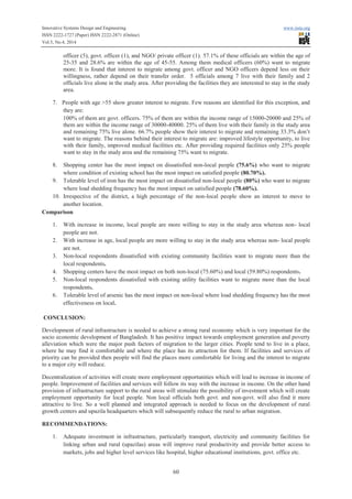 Innovative Systems Design and Engineering www.iiste.org
ISSN 2222-1727 (Paper) ISSN 2222-2871 (Online)
Vol.5, No.4, 2014
60
officer (5), govt. officer (1), and NGO/ private officer (1). 57.1% of these officials are within the age of
25-35 and 28.6% are within the age of 45-55. Among them medical officers (60%) want to migrate
more. It is found that interest to migrate among govt. officer and NGO officers depend less on their
willingness, rather depend on their transfer order. 5 officials among 7 live with their family and 2
officials live alone in the study area. After providing the facilities they are interested to stay in the study
area.
7. People with age >55 show greater interest to migrate. Few reasons are identified for this exception, and
they are:
100% of them are govt. officers. 75% of them are within the income range of 15000-20000 and 25% of
them are within the income range of 30000-40000. 25% of them live with their family in the study area
and remaining 75% live alone. 66.7% people show their interest to migrate and remaining 33.3% don’t
want to migrate. The reasons behind their interest to migrate are: improved lifestyle opportunity, to live
with their family, improved medical facilities etc. After providing required facilities only 25% people
want to stay in the study area and the remaining 75% want to migrate.
8. Shopping center has the most impact on dissatisfied non-local people (75.6%) who want to migrate
where condition of existing school has the most impact on satisfied people (80.70%).
9. Tolerable level of iron has the most impact on dissatisfied non-local people (80%) who want to migrate
where load shedding frequency has the most impact on satisfied people (78.60%).
10. Irrespective of the district, a high percentage of the non-local people show an interest to move to
another location.
Comparison
1. With increase in income, local people are more willing to stay in the study area whereas non- local
people are not.
2. With increase in age, local people are more willing to stay in the study area whereas non- local people
are not.
3. Non-local respondents dissatisfied with existing community facilities want to migrate more than the
local respondents.
4. Shopping centers have the most impact on both non-local (75.60%) and local (59.80%) respondents.
5. Non-local respondents dissatisfied with existing utility facilities want to migrate more than the local
respondents.
6. Tolerable level of arsenic has the most impact on non-local where load shedding frequency has the most
effectiveness on local.
CONCLUSION:
Development of rural infrastructure is needed to achieve a strong rural economy which is very important for the
socio economic development of Bangladesh. It has positive impact towards employment generation and poverty
alleviation which were the major push factors of migration to the larger cities. People tend to live in a place,
where he may find it comfortable and where the place has its attraction for them. If facilities and services of
priority can be provided then people will find the places more comfortable for living and the interest to migrate
to a major city will reduce.
Decentralization of activities will create more employment opportunities which will lead to increase in income of
people. Improvement of facilities and services will follow its way with the increase in income. On the other hand
provision of infrastructure support to the rural areas will stimulate the possibility of investment which will create
employment opportunity for local people. Non local officials both govt. and non-govt. will also find it more
attractive to live. So a well planned and integrated approach is needed to focus on the development of rural
growth centers and upazila headquarters which will subsequently reduce the rural to urban migration.
RECOMMENDATIONS:
1. Adequate investment in infrastructure, particularly transport, electricity and community facilities for
linking urban and rural (upazilas) areas will improve rural productivity and provide better access to
markets, jobs and higher level services like hospital, higher educational institutions, govt. office etc.
 