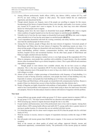 Innovative Systems Design and Engineering www.iiste.org
ISSN 2222-1727 (Paper) ISSN 2222-2871 (Online)
Vol.5, No.4, 2014
59
6. Among different professionals, health officer (100%), day laborer (100%), student (85.7%), staff
(83.3%) are more willing to migrate to other places. The reasons behind this are employment
opportunity and educational facility.
7. Though natural disasters are frequent, most of the people are unwilling to migrate for this reason.
Incorporating all the factors of natural disasters (heavy rain, drought, earth quake, river erosion, cyclone
etc), around 56.7% people don’t want to migrate. So we can say, there may exist other influential
factors for which people want to migrate.
8. Shopping centers have the most impact on dissatisfied local people (59.80%) who want to migrate
where condition of regular hospital service has the most impact on satisfied people (44.20%).
9. Tolerable level of iron has the most impact on dissatisfied local people (65.70%) who want to migrate
where tolerable level of iron has the most impact on satisfied people (48.20%).
10. Local respondents dissatisfied with both the existing community and utility facilities want to migrate
more than the satisfied people for better services.
11. Among the five districts, people of Bogra show the most interest of migration. Conversely people of
Moulvibazar and Pabna show the least interest of migration The underlying reasons are many. It is
observed that people of Bogra are dissatisfied with most facilities, such as availability of electricity, too
much load-shedding, political violence, communication facilities, road structure type, education
facilities, hospital service and recreational facilities. On the other hand, people of Moulvibazar and
Pabna are highly satisfied with most facilities.
12. Dissatisfaction with emergency medical service is very high among all the respondents (82.21%).
When in emergency, most people face a problem with availability of expert doctors. Also the available
doctors often recommend them to go to district hospitals or clinics. This is quite difficult and sometimes
impossible in emergencies.
13. Though people in most districts have available schools, they do not have access to college
education. This is why most respondents (80.30 %) show dissatisfaction rate with college education.
For higher education most of the people have to move to big a city which is why the dissatisfaction rate
with colleges is so high.
14. Almost all the districts a higher percentage of dissatisfaction with frequency of load-shedding. It is
because in spite of having electricity connection, most people face hours of load shedding every day.
Especially in summer, most people face load shedding up to 5-6 times a day lasting hours.
15. Except Pabna and Moulvibazar, all the people are dissatisfied with communication facilities. Reason is
people of these two districts have access to these facilities whereas the other districts don’t.
16. People of Bagerhat are highly dissatisfied with problems of land grabbers. All the respondents (100%)
stated to have faced problems with trespassers on their lands trying to throw the land-owner from their
own property. However the data analysis found no relation with interest of migration with this problem.
Non- local
1. Among different age groups, people within age group 15-25 show a greater interest to migrate (100% in
the age group 15-25). The major reasons behind this are education and employment opportunity.
2. With increasing age, interest to migrate decreases though the rate is very little.
3. Except teachers and businessmen, most of the professionals more or less want to migrate. Among them
health officers (100% among health officers) and staffs (88.7% among staffs) show a greater interest of
moving to another location. It is because they are not satisfied with their income.
4. It is found that people who live alone want to migrate more (82.8%) than the people who live with their
family (67.8%).
5. With the increase in income, interest to migrate of respondents decreases (within the range of 5000-
40,000).
6. But still people with income greater than 40,000 want to migrate. A few reasons are found behind this
exception:
Most of the reasons are about quality of school and college, improved lifestyle, income and
employment opportunity, communication facility. The professions of this income group are medical
 