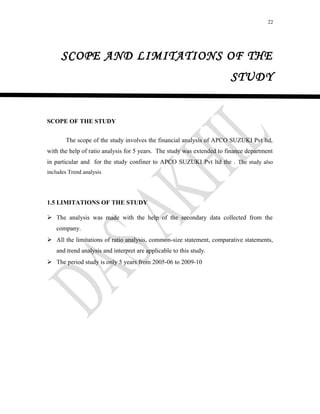 22
SCOPE AND LIMITATIONS OF THE
STUDY
SCOPE OF THE STUDY
The scope of the study involves the financial analysis of APCO SUZUKI Pvt ltd,
with the help of ratio analysis for 5 years. The study was extended to finance department
in particular and for the study confiner to APCO SUZUKI Pvt ltd the . The study also
includes Trend analysis
1.5 LIMITATIONS OF THE STUDY
 The analysis was made with the help of the secondary data collected from the
company.
 All the limitations of ratio analysis, common-size statement, comparative statements,
and trend analysis and interpret are applicable to this study.
 The period study is only 5 years from 2005-06 to 2009-10
 