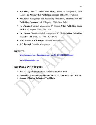93
 T.S Reddy and Y. Hariprasad Reddy, Financial management, New
Delhi: Tata McGraw hill Publishing company Ltd., 2005, 3rd
edition
 M.A Sahaf Management and Accounting 4th Edition, Tata McGraw Hill
Publishing Company Ltd, 5th
Reprint - 2006 - New Delhi.
 IM .Pandey, Financial Management 8th
Edition, Vikas Publishing house
Pvt Ltd, 6th
Reprint -2006- New Delhi.
 IM .Pandey, Working capital Management 8th
Edition, Vikas Publishing
house Pvt Ltd, 6th
Reprint -2006- New Delhi
 R.K. Sharma & S.K. Gupta, Financial Management
 R.P. Rustagi, Financial Management
WEBSITE:
http://money.newkerala.com/company-profile-id-16020114.00.html
www.hillwoodindia.com
JOURNALS AND ARTICLES:
 Annual Reports Of CEE VEE FOOTWEARS PVT. LTD
 General Articles and Magazines Of CEE VEE FOOTWEARS PVT .LTD
 Survey of Indian industry- The Hindu
 