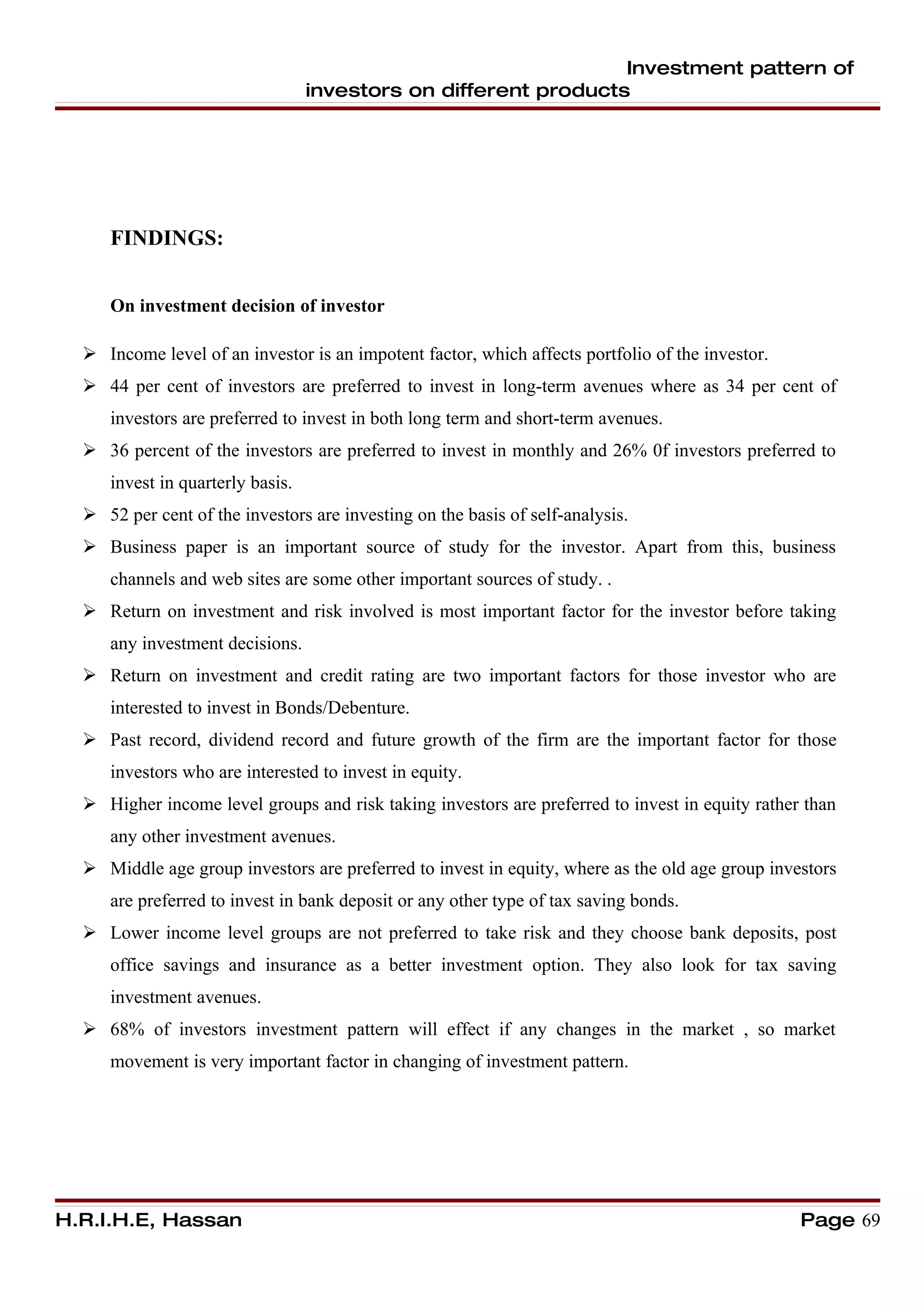 Investment pattern of
                                  investors on different products




     FINDINGS:


     On investment decision of investor

   Income level of an investor is an impotent factor, which affects portfolio of the investor.
   44 per cent of investors are preferred to invest in long-term avenues where as 34 per cent of
     investors are preferred to invest in both long term and short-term avenues.
   36 percent of the investors are preferred to invest in monthly and 26% 0f investors preferred to
     invest in quarterly basis.
   52 per cent of the investors are investing on the basis of self-analysis.
   Business paper is an important source of study for the investor. Apart from this, business
     channels and web sites are some other important sources of study. .
   Return on investment and risk involved is most important factor for the investor before taking
     any investment decisions.
   Return on investment and credit rating are two important factors for those investor who are
     interested to invest in Bonds/Debenture.
   Past record, dividend record and future growth of the firm are the important factor for those
     investors who are interested to invest in equity.
   Higher income level groups and risk taking investors are preferred to invest in equity rather than
     any other investment avenues.
   Middle age group investors are preferred to invest in equity, where as the old age group investors
     are preferred to invest in bank deposit or any other type of tax saving bonds.
   Lower income level groups are not preferred to take risk and they choose bank deposits, post
     office savings and insurance as a better investment option. They also look for tax saving
     investment avenues.
   68% of investors investment pattern will effect if any changes in the market , so market
     movement is very important factor in changing of investment pattern.




H.R.I.H.E, Hassan                                                                                 Page 69
 