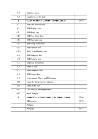 3.7 Statistical tools
3.8 Limitations of the study
4 DATA ANALYSIS AND INTERPRETATION 29-64
4.1 SBI Saral Personal loan
4.2 SBI Housing loan
4.2.1 SBI Home loan
4.2.2 SBI Flexi Home loan
4.2.3 SBI Max-gain loan
4.2.4 SBI Realty Home loan
4.2.5 SBI Freedom loan
4.2.6 Short Term Housing loan
4.3 SBI Education loan
4.4 SBI Property loan
4.5 SBI Easy Travel loan
4.6 SBI Car loan
4.7 SBI Pensioners loan
4.8 SBI Festival loan
4.9 Loans against Shares and Debentures
4.10 Loans for Earnest money deposits
4.11 SBI Scholar loan
4.12 Data analysis and interpretation
4.13 Ratio Analysis
5 FINDINGS, SUGGESTIONS AND CONCLUSION 65-68
Bibliography 69-70
Reference
Annexure 71-75
 