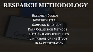 RESEARCH METHODOLOGY
Research Design
Research Type
Sampling Strategy
Data Collection Methods
Data Analysis Techniques
Limitations of the Study
Data Presentation
 