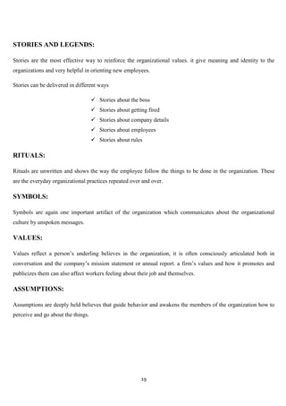 STORIES AND LEGENDS:

Stories are the most effective way to reinforce the organizational values. it give meaning and identity to the
organizations and very helpful in orienting new employees.

Stories can be delivered in different ways

                                     Stories about the boss
                                     Stories about getting fired
                                     Stories about company details
                                     Stories about employees
                                     Stories about rules

RITUALS:

Rituals are unwritten and shows the way the employee follow the things to be done in the organization. These
are the everyday organizational practices repeated over and over.

SYMBOLS:

Symbols are again one important artifact of the organization which communicates about the organizational
culture by unspoken messages.

VALUES:

Values reflect a person‟s underling believes in the organization, it is often consciously articulated both in
conversation and the company‟s mission statement or annual report. a firm‟s values and how it promotes and
publicizes them can also affect workers feeling about their job and themselves.

ASSUMPTIONS:

Assumptions are deeply held believes that guide behavior and awakens the members of the organization how to
perceive and go about the things.




                                                         19
 