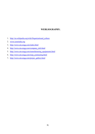 WEBLIOGRAPHY.


1. http://en.wikipedia.org/wiki/Organizational_culture
2. www.icmrindia.org
3. http://www.eta-engg.com/index.html
4. http://www.eta-engg.com/company_info.html
5. http://www.eta-engg.com/manufacturing_equipments.html
6. http://www.eta-engg.com/mep_contracting.html
7. http://www.eta-engg.com/projec_gallery.html




                                                  87
 
