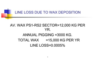 LINE LOSS DUE TO WAX DEPOSITION


AV. WAX PS1-RS2 SECTOR=12,000 KG PER
                 YR.
      ANNUAL PIGGING =3000 KG.
    TOTAL WAX     =15,000 KG PER YR
          LINE LOSS=0.0005%

                 .
 